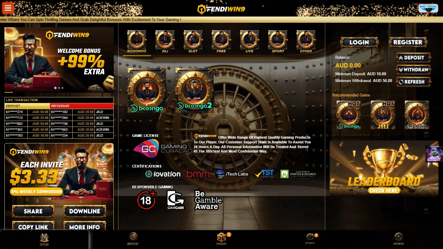Fendiwin9 Casino desktop home with AUD lobby, game categories and jackpot information
