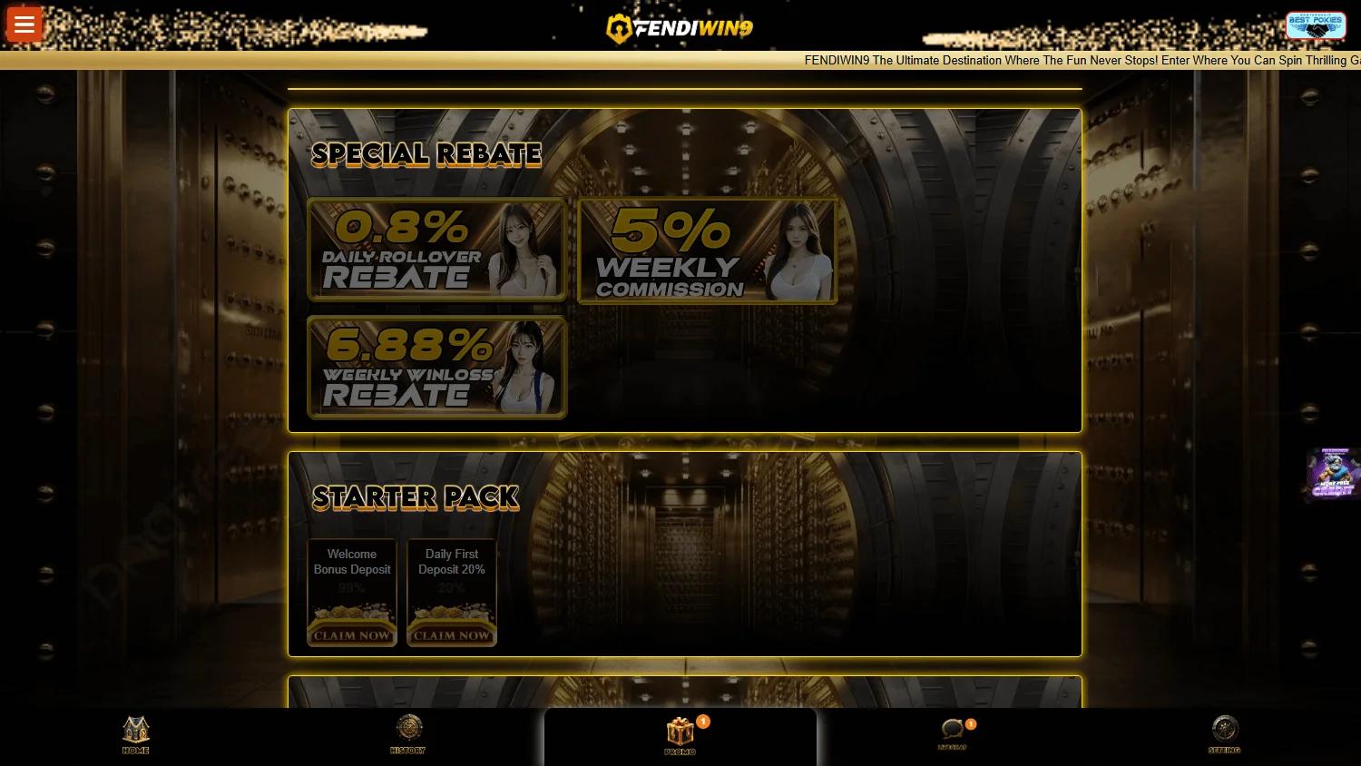 Fendiwin9 Casino desktop promotions area with welcome and promotional offers