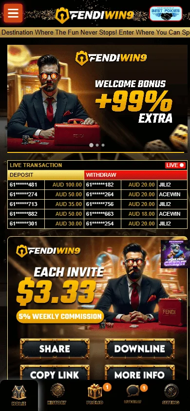 Fendiwin9 Casino mobile home with touch-friendly tiles and fixed bottom navigation