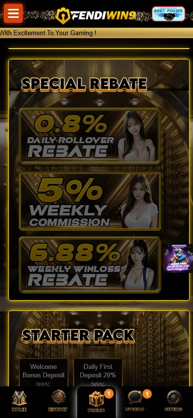 Fendiwin9 Casino mobile promotions area with promotional activity and community offers